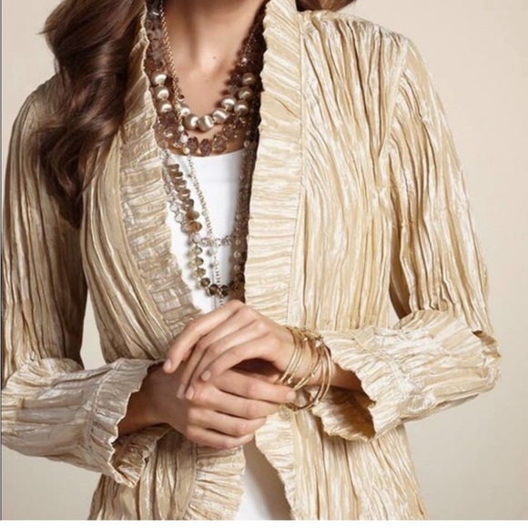 CHICO’S Women’s Gold Lightweight Shimmer Crinkle Jacket Size 3 coquette fairy - Picture 1 of 4
